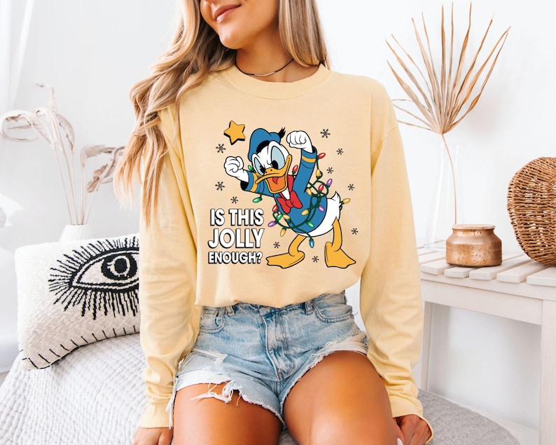 Comfort Colors Donald Duck Christmas Shirt, Is This Jolly Enough Tee, Disneyland Xmas Lights Long Sleeve, Disney Family Holiday Gift