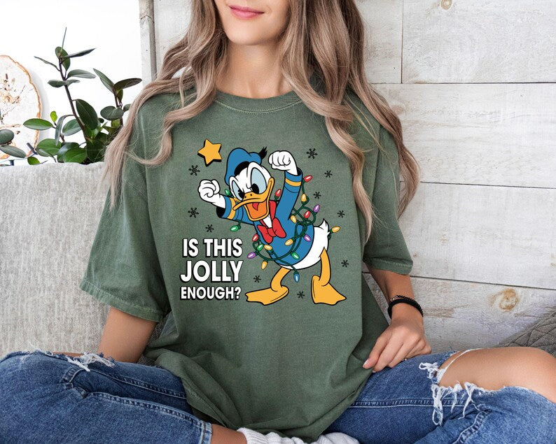 Comfort Colors Donald Duck Christmas Shirt, Is This Jolly Enough Tee, Disneyland Xmas Lights Long Sleeve, Disney Family Holiday Gift