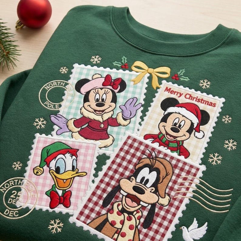Disney Christmas Postage Stamp Embroidered Sweatshirt, Mickey Minnie Goofy Donald Holiday Crewneck, Vintage Christmas Sweater