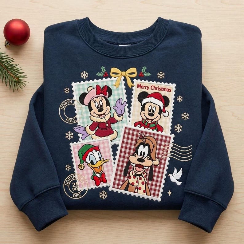 Mickey Minnie Christmas Embroidered Sweatshirt, Disney Holiday Postage Stamp Crewneck, Goofy Donald Duck Christmas Sweater