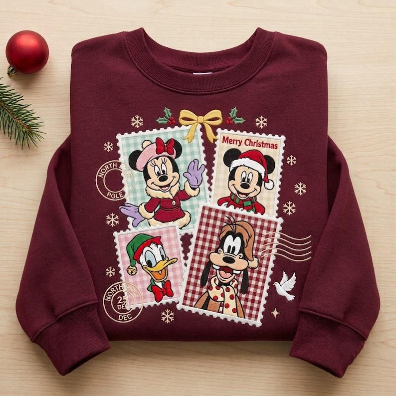 Mickey Minnie Christmas Embroidered Sweatshirt, Disney Holiday Postage Stamp Crewneck, Goofy Donald Duck Christmas Sweater