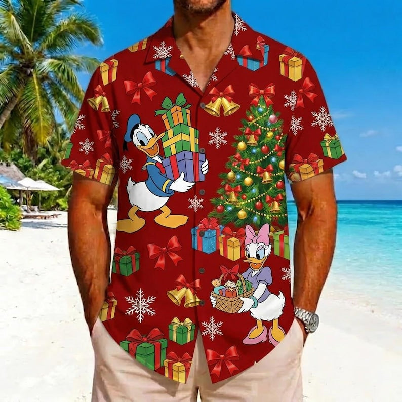 Donald Daisy Duck Christmas Hawaiian Shirt, Disney Red Xmas Tree Gift Button Up, Tropical Holiday Beach Vacation Shirt, Funny Duck Aloha Top