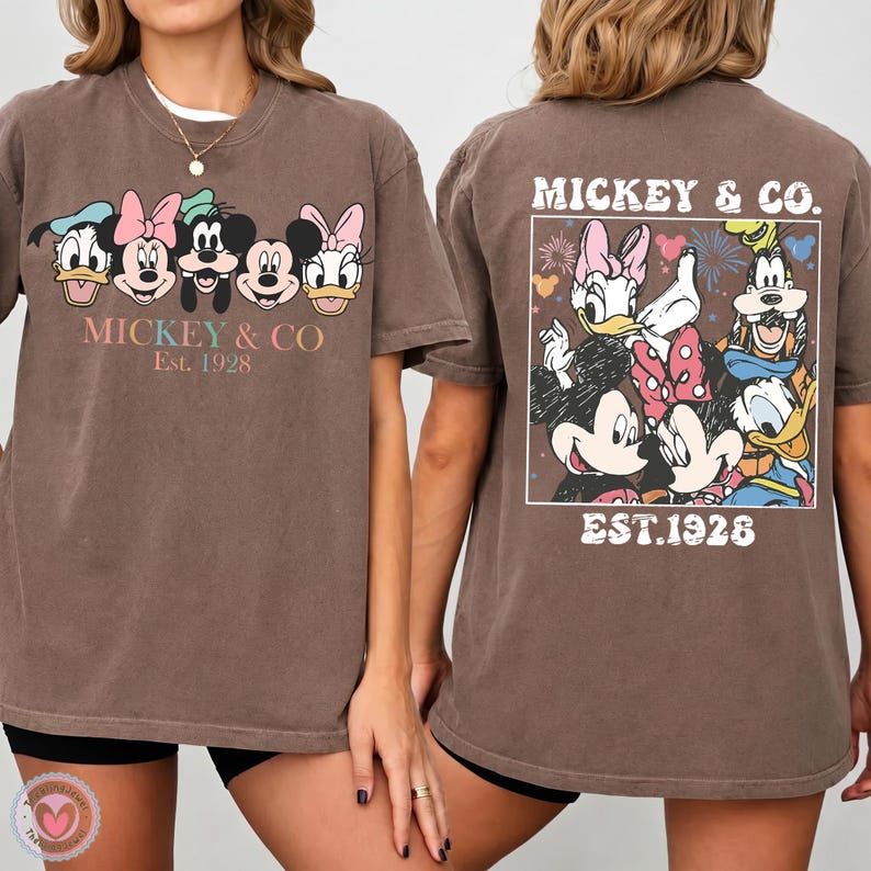 Disney Mickey and Co Est 1928 Mickey Mouse Minnie Donald Daisy Goofy Pluto Graphic Front and Back Disney Vacation Gift