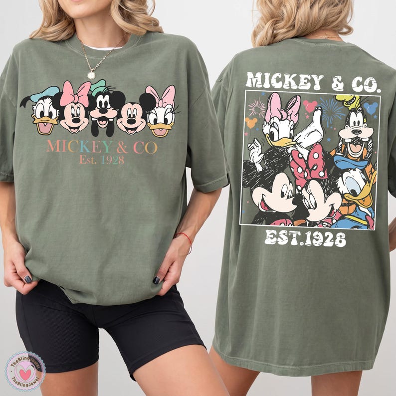 Disney Mickey and Co Est 1928 Mickey Mouse Minnie Donald Daisy Goofy Pluto Graphic Front and Back Disney Vacation Gift