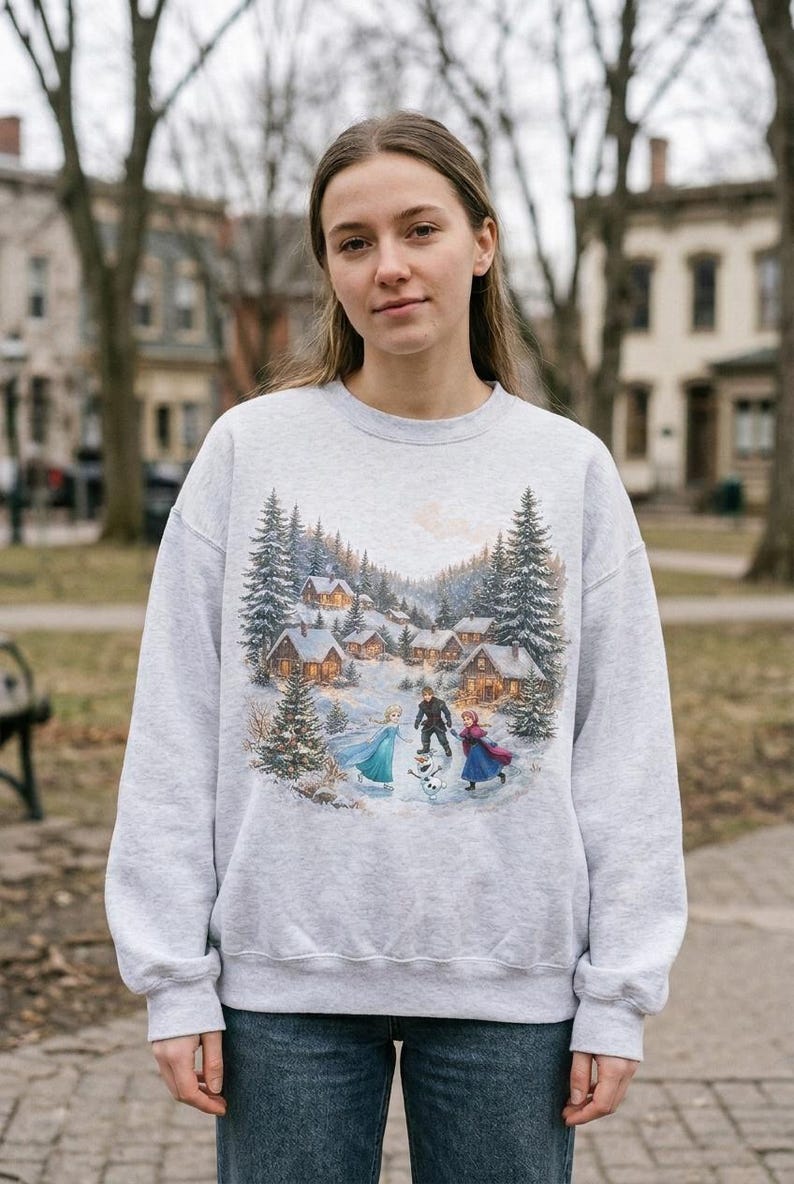 Vintage Frozen Sweatshirt Elsa Anna Olaf Crewneck Winter Village Christmas Sweater Disney World Vacation Family Trip Jumper